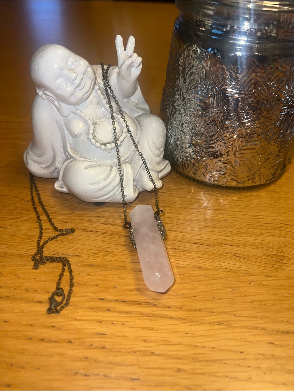 Rose Quartz Point Pendant Necklace -28 inch thin chain